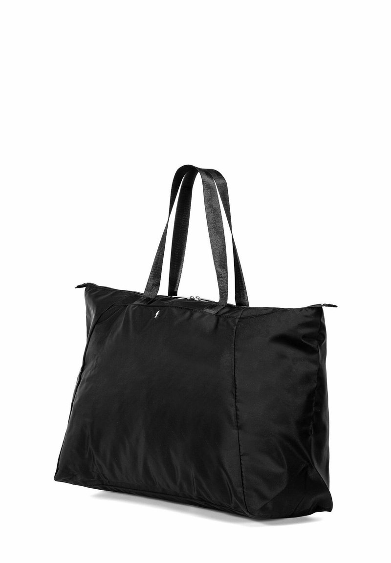 Zwarte tote bag van nylon met een gladde textuur, ruime indeling, dubbele handvatten en een ritsluiting, met minimale branding.