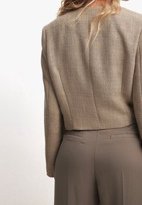 Beige texturerad blazer med en kortad design, med en ren baksida och skräddarsydd passform, i kombination med matchande bruna skräddarsydda byxor.