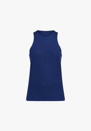 Sötétkék, ujjatlan sportpóló sima anyagból. Kerek nyakkivágással és szabványos illeszkedéssel rendelkezik, minta vagy kiegészítők nélkül.