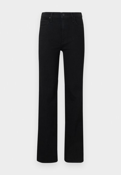 Black denim jeans with a straight leg design, featuring front pockets and a button closure. Smooth texture with a classic, versatile look.