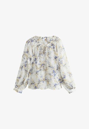 Blommig blus i lätt, genomskinligt tyg. Finns i blå och gula mönster, elastisk halsringning med justerbart snöre, och långa, rynkade ärmar.