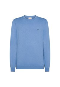 Maglione azzurro chiaro lavorato a maglia con scollo rotondo, maniche lunghe e un piccolo logo nero sul petto. Tessuto liscio e vestibilità standard.