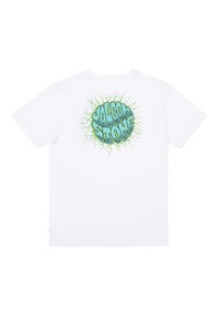 T-shirt en coton blanc avec un graphique vert circulaire au dos avec le texte "VOLCOM STONE" entouré d'un motif en forme de soleil ondulant.