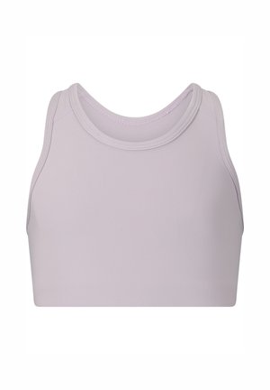 Vaaleanvioletti hihaton urheilullinen crop-top, jossa pyöreä kaula-aukko ja vartalonmyötäinen istuvuus, esillä valkoista taustaa vasten.