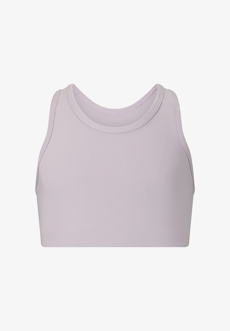 Crop top de sport sans manches de couleur violet clair avec encolure ronde et coupe ajustée, présenté sur un fond blanc.