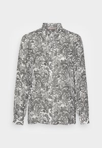 Zwart-wit paisley patroon shirt met een kraag, lange mouwen, knoopsluiting aan de voorkant en een gladde, lichtgewicht stof. 