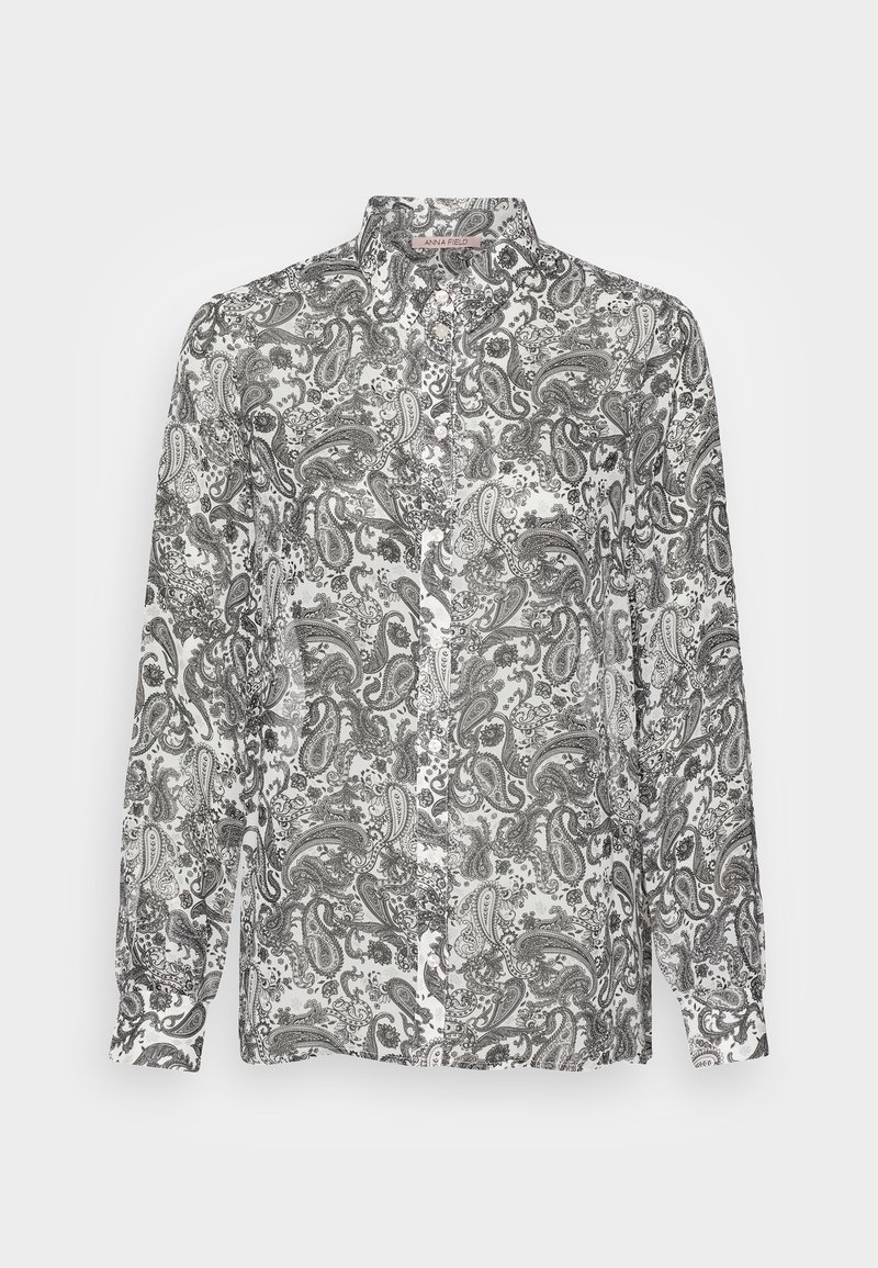 Zwart-wit paisley patroon shirt met een kraag, lange mouwen, knoopsluiting aan de voorkant en een gladde, lichtgewicht stof. 