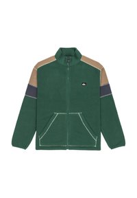 Grüne Fleecejacke mit einem Frontreißverschluss, ausgestattet mit beigen und dunkelblauen Akzentpanelen. Sie hat zwei Vordertaschen und weiße Nähdetails.