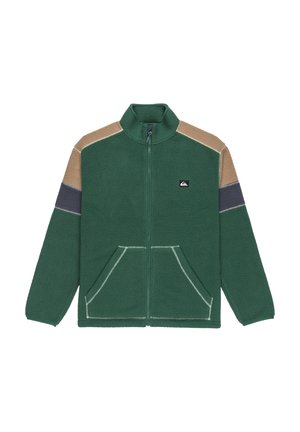 Green fleece jacket with a front zipper, featuring beige and dark blue accent panels. Includes two front pockets and white stitching details.