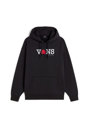 Felpa nera con cappuccio caratterizzata da un grande logo "VONS" in bianco con un accento a forma di cuore rosso. Progettata con una tasca frontale e cappuccio con cordoncino.
