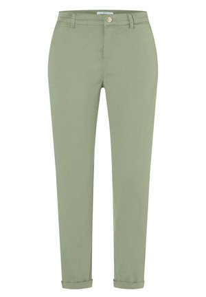 Vaaleanvihreät slim fit -housut, joissa vyölenkit, nappi- ja vetoketjusuljenta sekä käänteiset lahkeensuut.