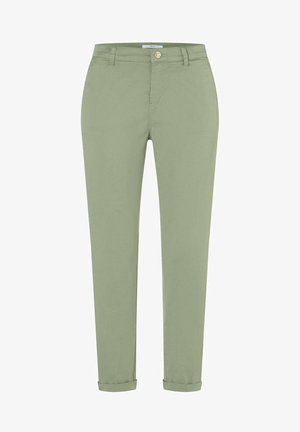 Pantaloni slim fit verde chiaro con passanti per cintura, chiusura con bottone e zip e orli risvoltati.