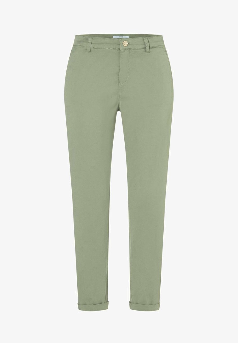 Pantalon slim vert clair avec passants de ceinture, fermeture par bouton et zip, et ourlets retroussés.