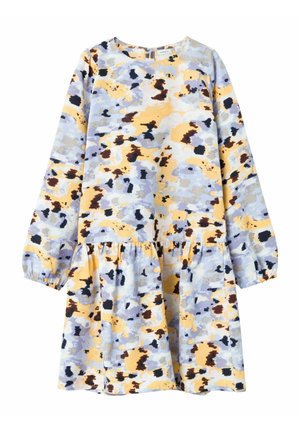 Langärmliges Kleid mit geraffter Taille und abstraktem gelbem, hellblauem, braunem und schwarzem Muster auf strukturiertem Stoff.