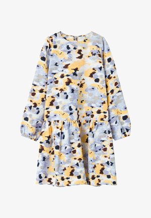 Robe à manches longues avec taille froncée et motif abstrait jaune, bleu clair, marron et noir sur tissu texturé.