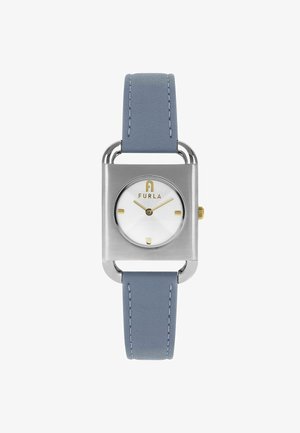 Vierkante roestvrijstalen horloge met een witte wijzerplaat, gouden markeringen en een lichtblauwe leren band. Kenmerkt zich door een gladde textuur en een minimalistisch ontwerp.