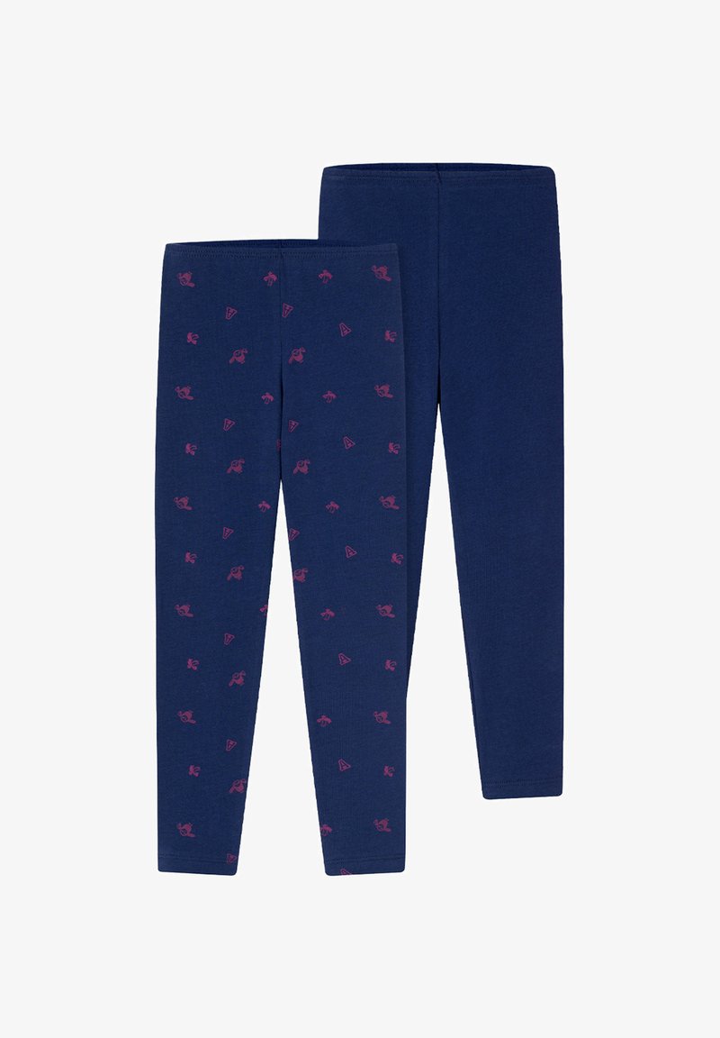 Marine leggins sæt, én ensfarvet, én mønstret med pink designs, herunder små former. Blødt, strækbart bomuldsblandingsstof. Har elastiske taljer.