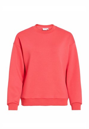 Sweat-shirt corail avec un col rond, des épaules tombantes et des poignets côtelés. Tissu doux et coupe décontractée. Pas de motifs ni d'ornements.