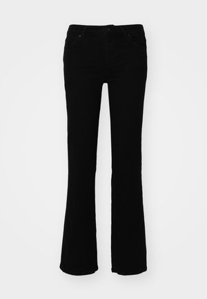 Jeans évasés noirs en denim, avec une taille mi-haute, cinq poches et des détails de surpiqûres subtils sur les poches arrière.