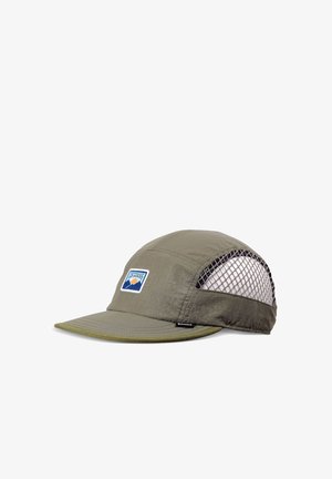 Olive green cap with flat brim, mesh side panels, and a patch logo featuring mountains and text on the front.