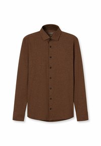 Braunes langärmliges Hemd mit button-down Kragen, aus strukturiertem Stoff, schwarzen Knöpfen und gerader Säume.