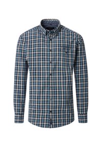Blue and beige plaid long-sleeve shirt with button-down collar, featuring a chest pocket and contrasting button details.