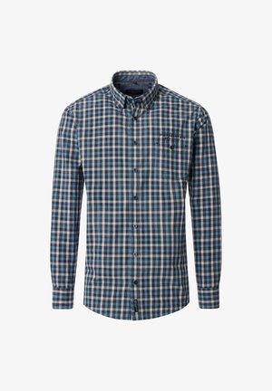 Blau-beige karierter Hemd mit langen Ärmeln und Button-down-Kragen, ausgestattet mit einer Brusttasche und kontrastierenden Knopfdetails.