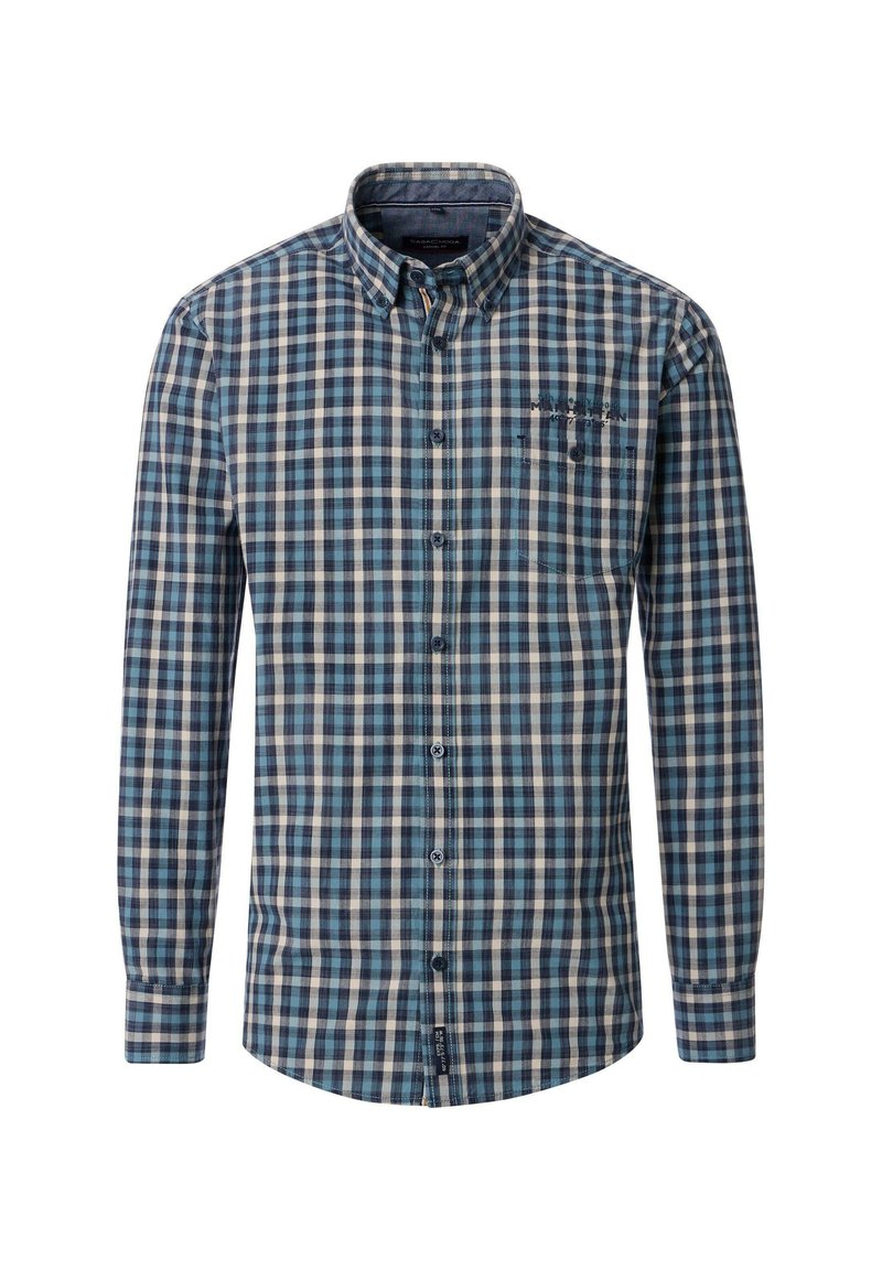 Blue and beige plaid long-sleeve shirt with button-down collar, featuring a chest pocket and contrasting button details.
