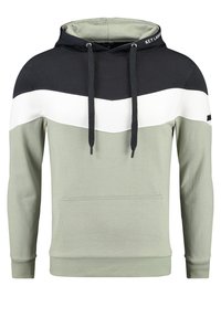 Sudadera con capucha que presenta un diseño a bloques de color en negro, blanco y verde claro. Fabricada en tejido suave, cuenta con un bolsillo canguro en la parte delantera y cordones.