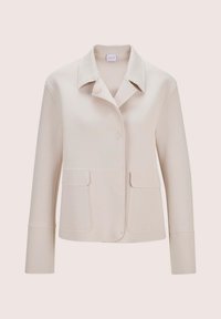 Beige Langarmjacke mit Kragen, zwei vorderen aufgesetzten Taschen und verdecktem Knopfverschluss, auf einem schlichten Hintergrund präsentiert.