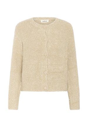 Bežani pleteni kardigan s okruglim izrezom, dugim rukavima, teksturiranim materijalom i prednjim zatvaranjem na pet dugmadi s svijetlim dugmadima.