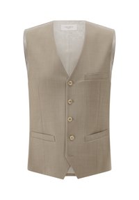 Beige ärmellose Weste mit glatter Textur, ausgestattet mit fünf Knöpfen, zwei Fronttaschen und V-Ausschnitt. Innen mit dezentem Logomuster.