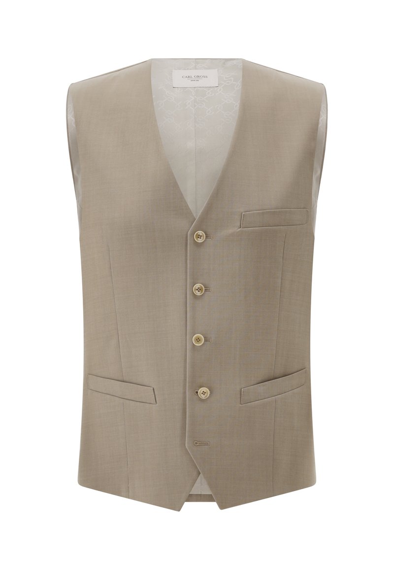 Beige ärmellose Weste mit glatter Textur, ausgestattet mit fünf Knöpfen, zwei Fronttaschen und V-Ausschnitt. Innen mit dezentem Logomuster.