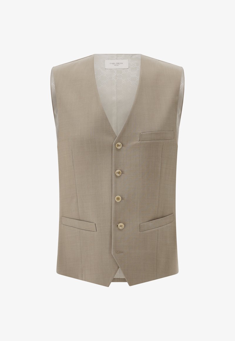 Beige ärmellose Weste mit glatter Textur, ausgestattet mit fünf Knöpfen, zwei Fronttaschen und V-Ausschnitt. Innen mit dezentem Logomuster.