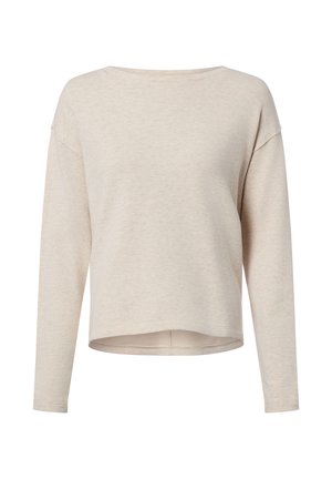 Hellbeiges Langarmshirt mit entspannter Passform, rundem Ausschnitt und weichem, strukturiertem Stoff. Der Saum ist vorne etwas kürzer als hinten.