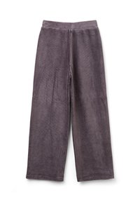 Široké tmavě šedé manšestrové kalhoty s elastickým pasem, bez viditelných kapes a s jemným logem na levém boku.