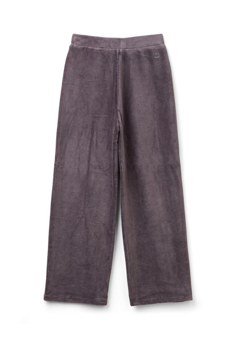 Široké tmavě šedé manšestrové kalhoty s elastickým pasem, bez viditelných kapes a s jemným logem na levém boku.