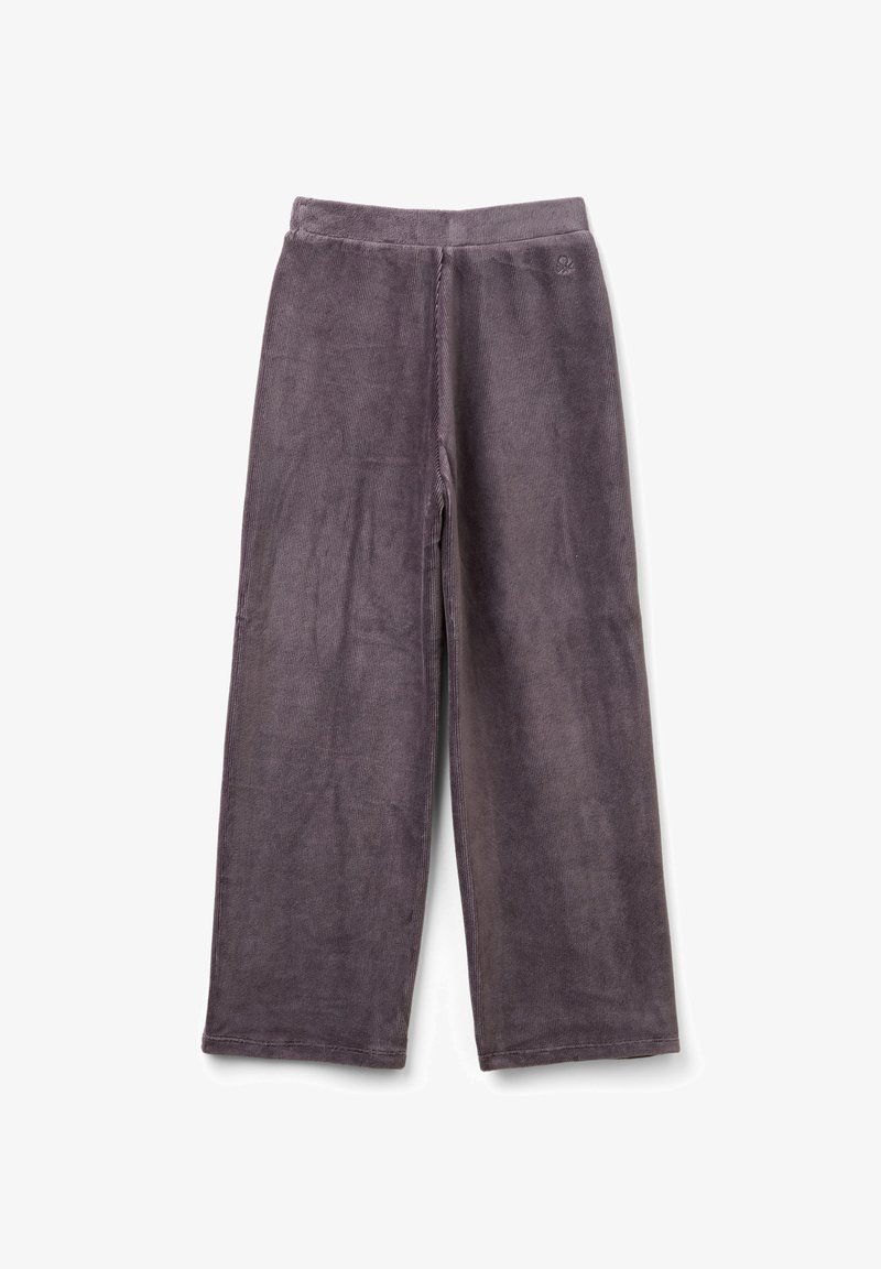 Široké tmavě šedé manšestrové kalhoty s elastickým pasem, bez viditelných kapes a s jemným logem na levém boku.