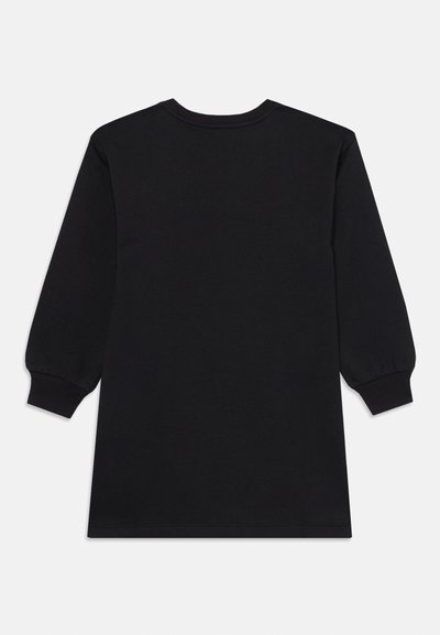 Tunic nera a maniche lunghe con scollo rotondo, realizzata in morbido cotone, vestibilità comoda, polsini e orlo a costine. Design semplice senza motivi o decorazioni.