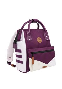 Purple and white backpack with a structured design, featuring a front zip pocket, textured handles, and decorative stitching details.