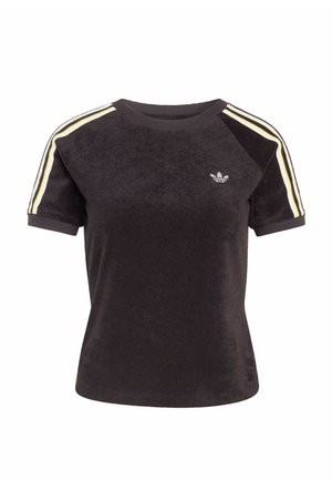 T-shirt in peluche nera con colletto a girocollo, maniche corte raglan e strisce in bianco e giallo a contrasto sulle spalle. Presenta un piccolo logo.