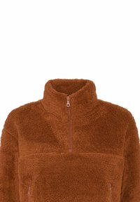 Pulover din flaus maro cu guler înalt, fermoar la jumătate în față și fermoar contrastant. Material moale, texturat, cu o croială lejeră și buzunare.