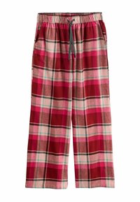 Ruudulliset pyjamahousut punaisen, vaaleanpunaisen ja ruskean sävyissä. Niissä on kuminauhavyötärö nyörillä, sivutaskut ja leveälahkeinen malli.