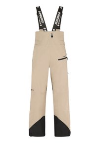 Beige sneeuwbroeken met verstelbare zwarte bretels. Beschikt over twee met rits toegankelijke zakken en zwarte accenten bij de boorden voor extra duurzaamheid.