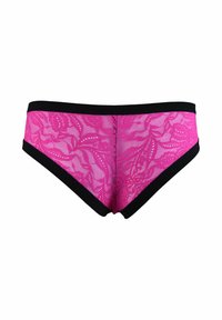 Różowe koronkowe majtki z czarnym pasem i obwódką, zdobione kwiatowym wzorem. Projekt obejmuje bezszwowe krawędzie i niski stan.