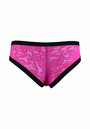 Różowe koronkowe majtki z czarnym pasem i obwódką, zdobione kwiatowym wzorem. Projekt obejmuje bezszwowe krawędzie i niski stan.