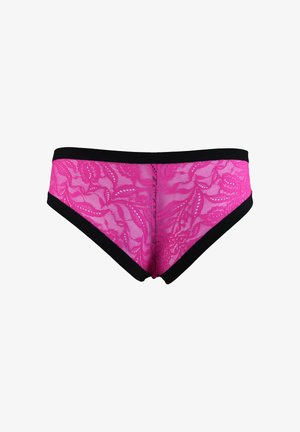 Różowe koronkowe majtki z czarnym pasem i obwódką, zdobione kwiatowym wzorem. Projekt obejmuje bezszwowe krawędzie i niski stan.