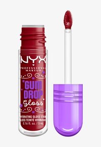 NYX Gum Drop Gloss in een doorzichtige tube met levendige rode glans. Heeft een paarse applicatordop en een deegvoetapplicator voor nauwkeurige aanbrenging.