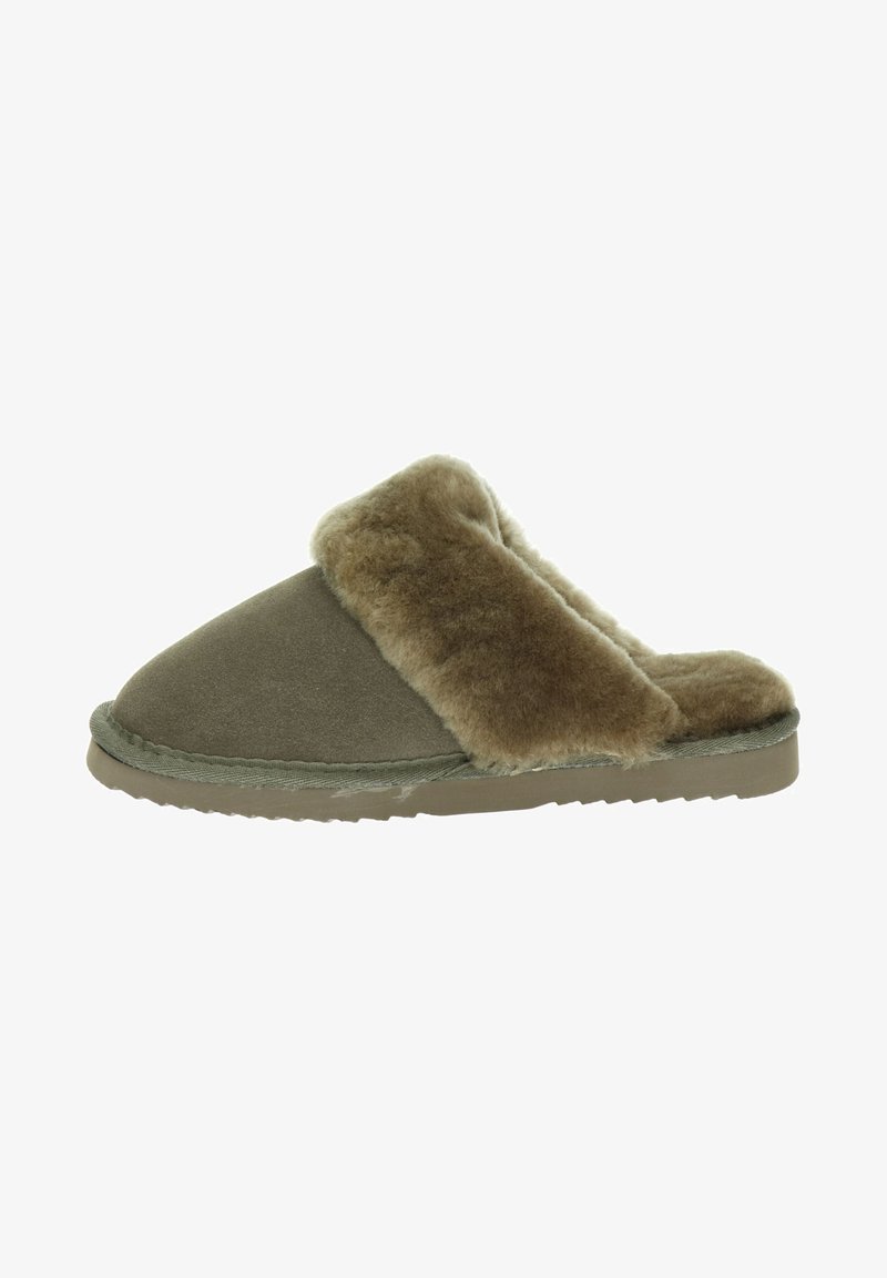 Suede slipper with brown faux fur lining, open back, soft texture, and beige rubber sole with a ridged pattern for better grip.