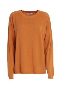Orangener, gestrickter Pullover mit einer Spitzenmuster-Blende, langen Ärmeln und einem gerippten Saum. Weiche Textur, lockerer Schnitt und Rundhalsausschnitt.